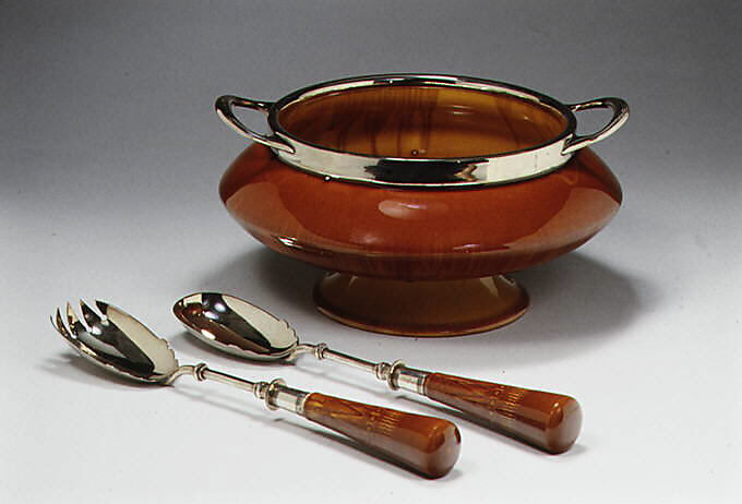 Serving fork, Christopher Dresser (British, Glasgow, Scotland 1834–1904 Mulhouse), Glazed brown earthenware, silver, British, Linthorpe, Yorkshire 