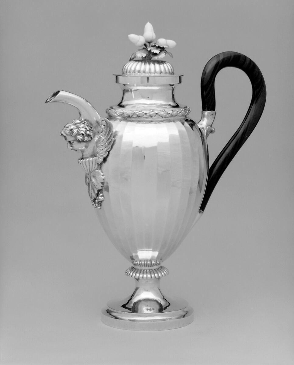 Hot milk pot, Alois Simpert Eschenlohr (1785–1837, master 1824?), Silver, ebony, ivory, macassar ivory, German, Augsburg