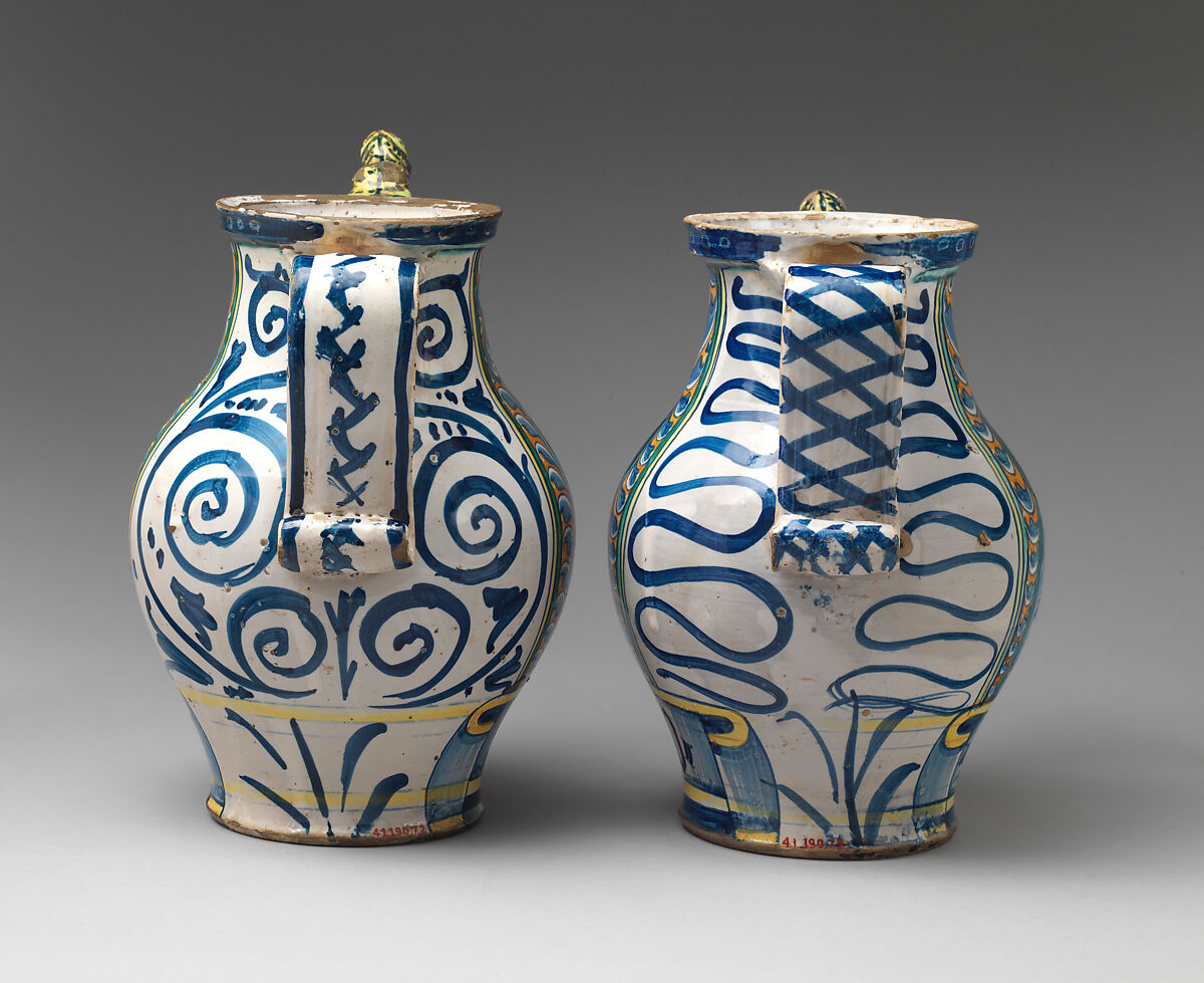Drug pot (one of a pair), Workshop of Orazio Pompei (Italian, ca. 1516–1590/96), Maiolica (tin-glazed earthenware), Italian, Castelli
