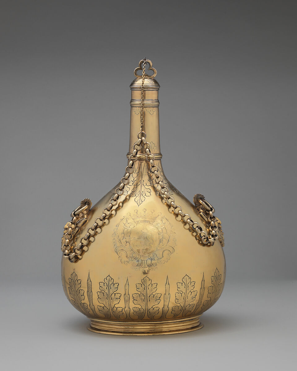 Pilgrim bottle (one of a pair), Silver gilt, British 