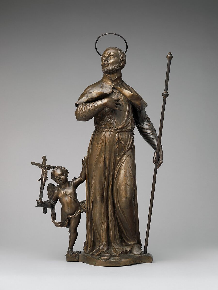 Saint Francis Xavier with an angel holding a crucifix, Francesco Bertos (Italian, 1678–1741), Bronze, Italian, Padua 