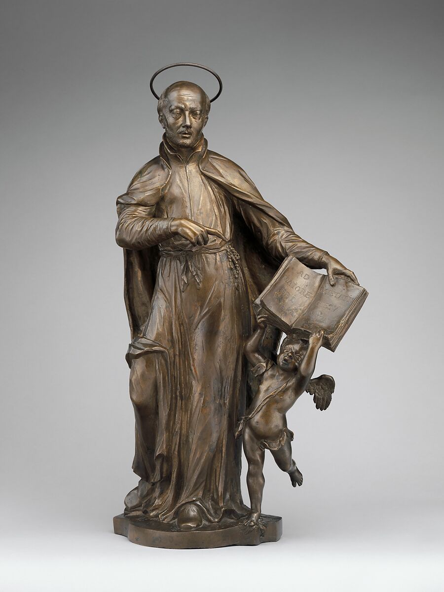 Saint Ignatius Loyola with an angel holding a book, Francesco Bertos (Italian, 1678–1741), Bronze, Italian, Padua 