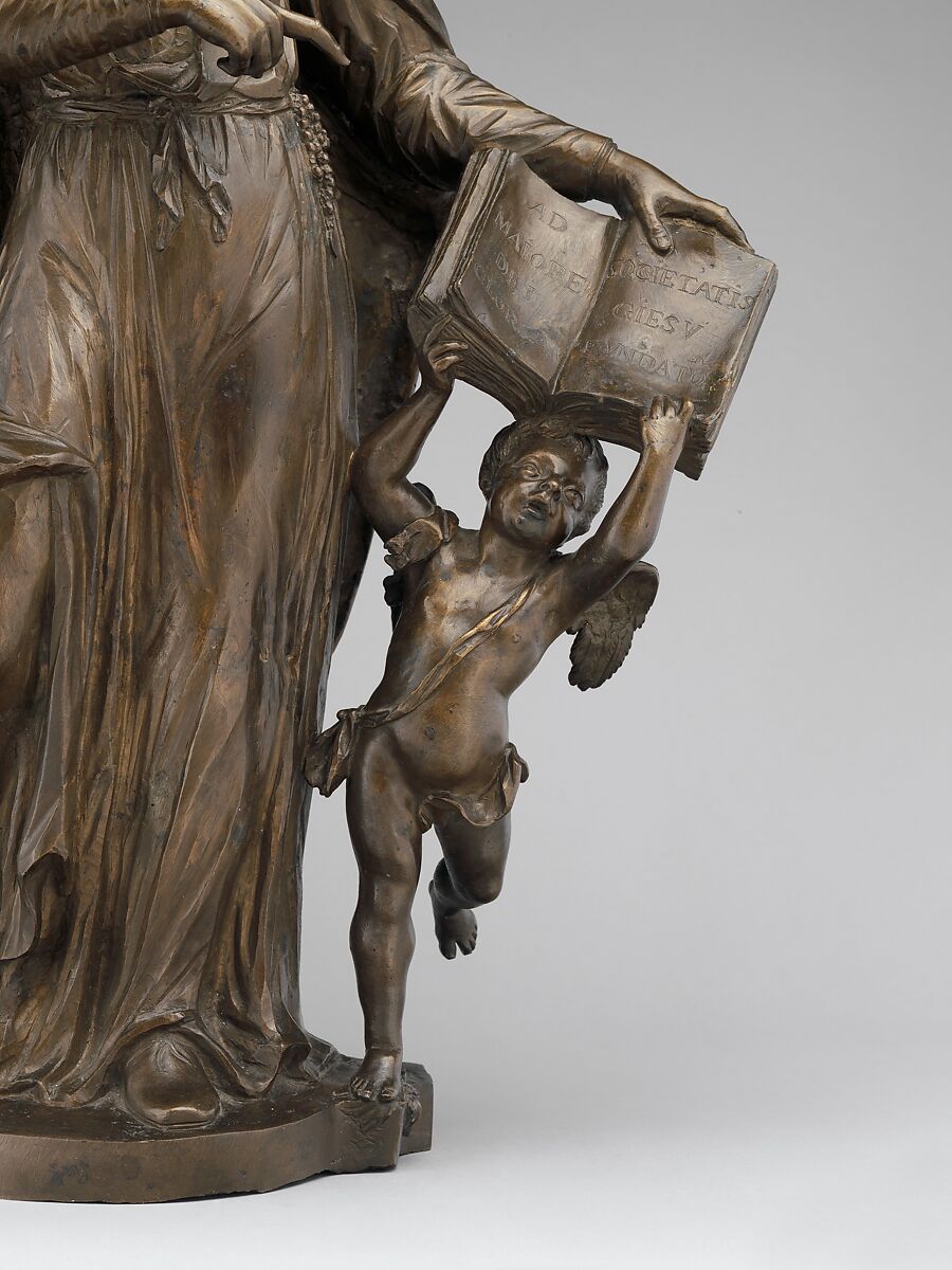 Saint Ignatius Loyola with an angel holding a book, Francesco Bertos (Italian, 1678–1741), Bronze, Italian, Padua