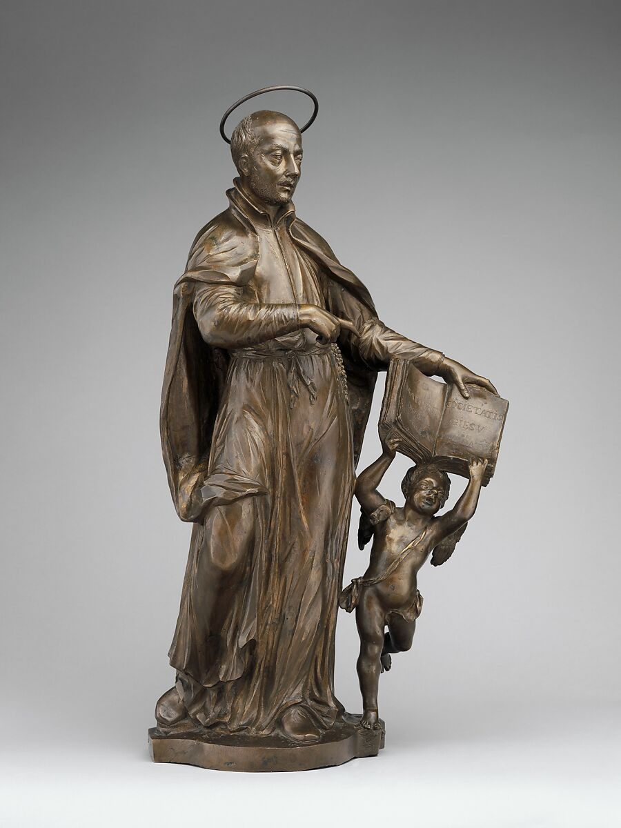 Saint Ignatius Loyola with an angel holding a book, Francesco Bertos (Italian, 1678–1741), Bronze, Italian, Padua