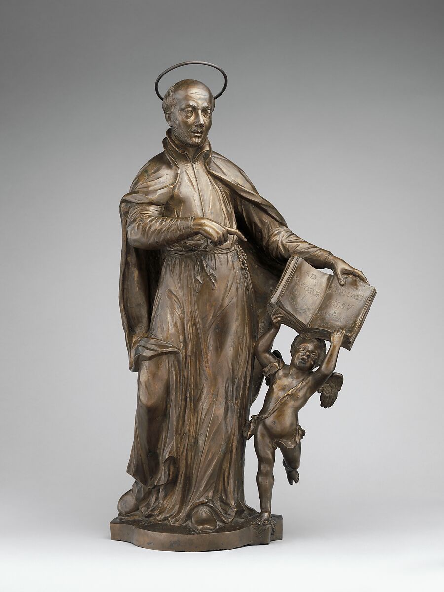 Saint Ignatius Loyola with an angel holding a book, Francesco Bertos (Italian, 1678–1741), Bronze, Italian, Padua