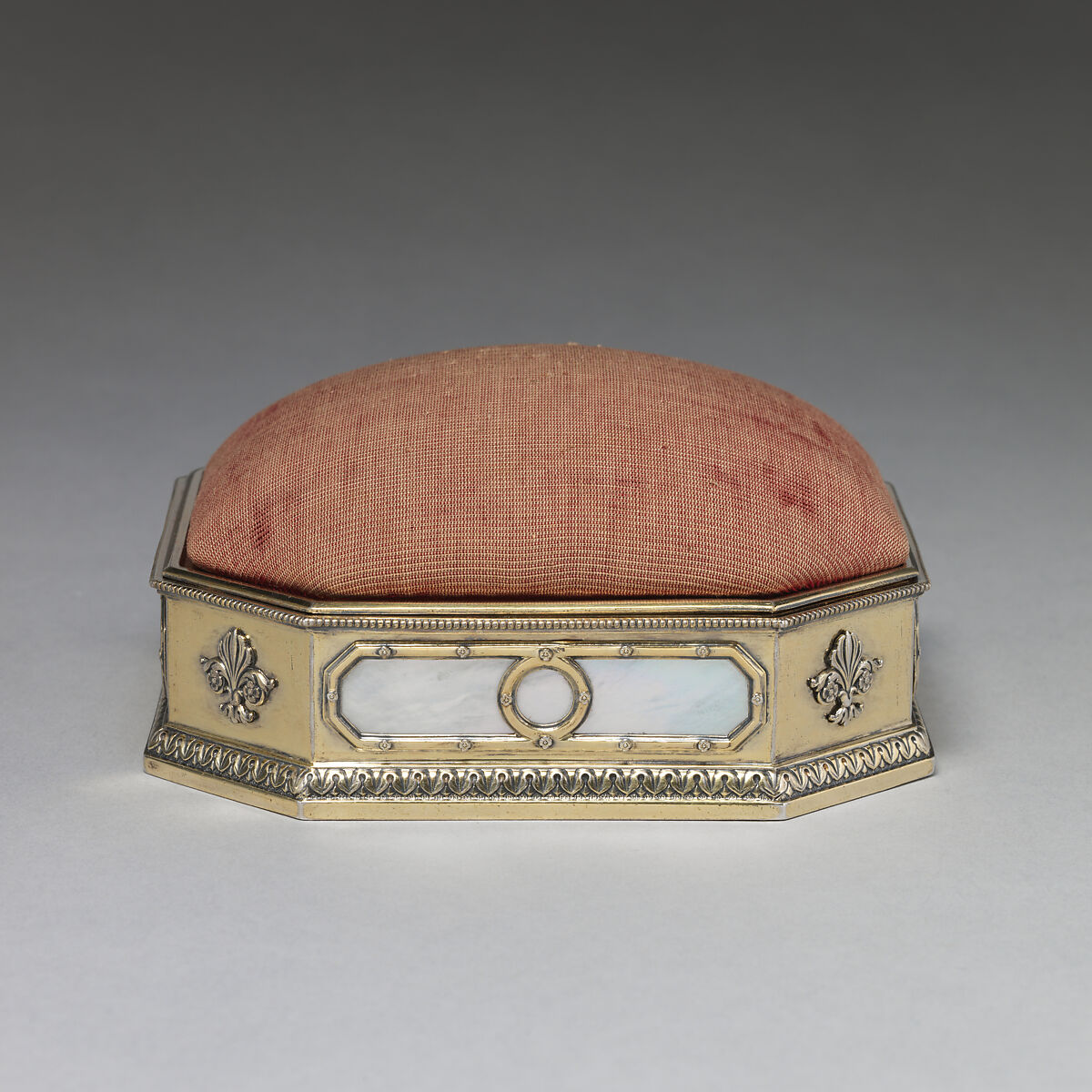 Pincushion, André Aucoc, Silver gilt, mother-of-pearl, red velvet, French, Paris 