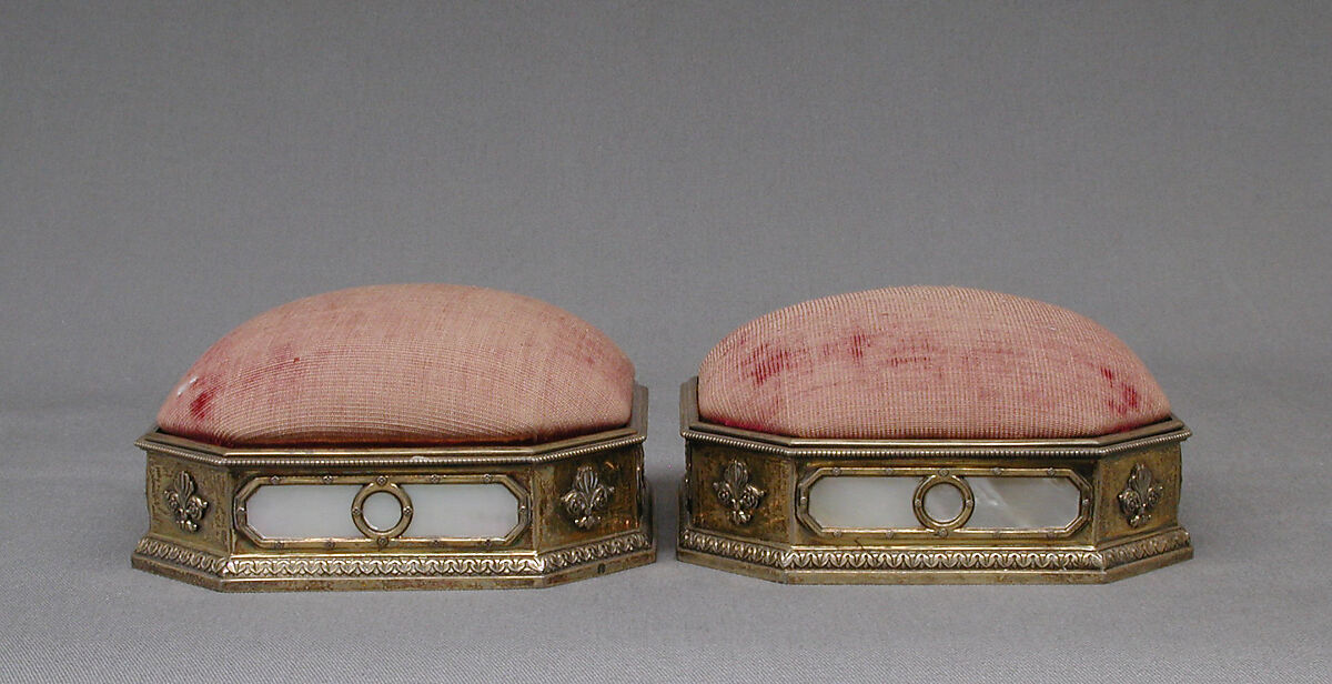 Pincushion, André Aucoc, Silver gilt, mother-of-pearl, red velvet, French, Paris