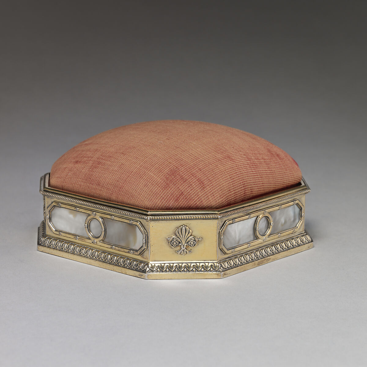 Pincushion, André Aucoc, Silver gilt, mother-of-pearl, red velvet, French, Paris 