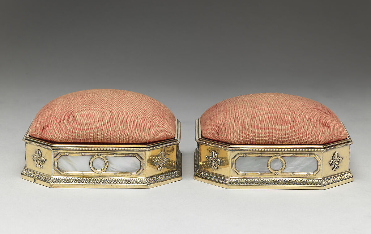 Pincushion, André Aucoc, Silver gilt, mother-of-pearl, red velvet, French, Paris
