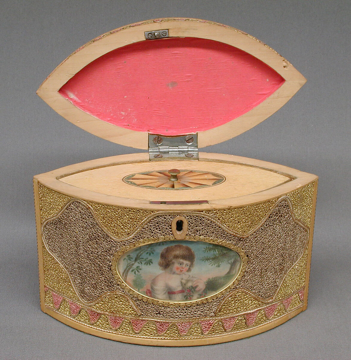 Tea caddy (one of a pair), with original paper box, Pine base, cover; paper, silk, British