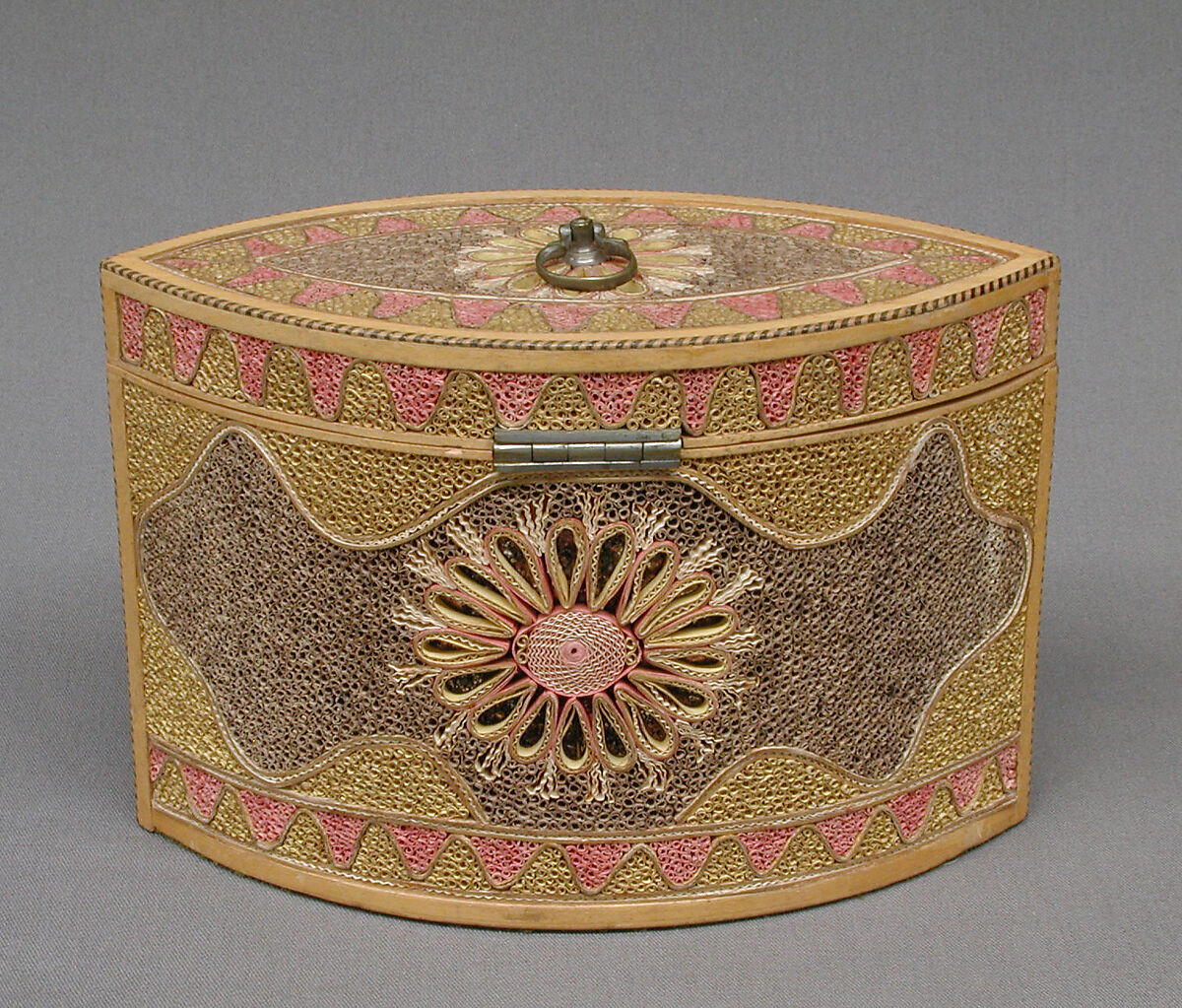Tea caddy (one of a pair), with original paper box, Pine base, cover; paper, silk, British
