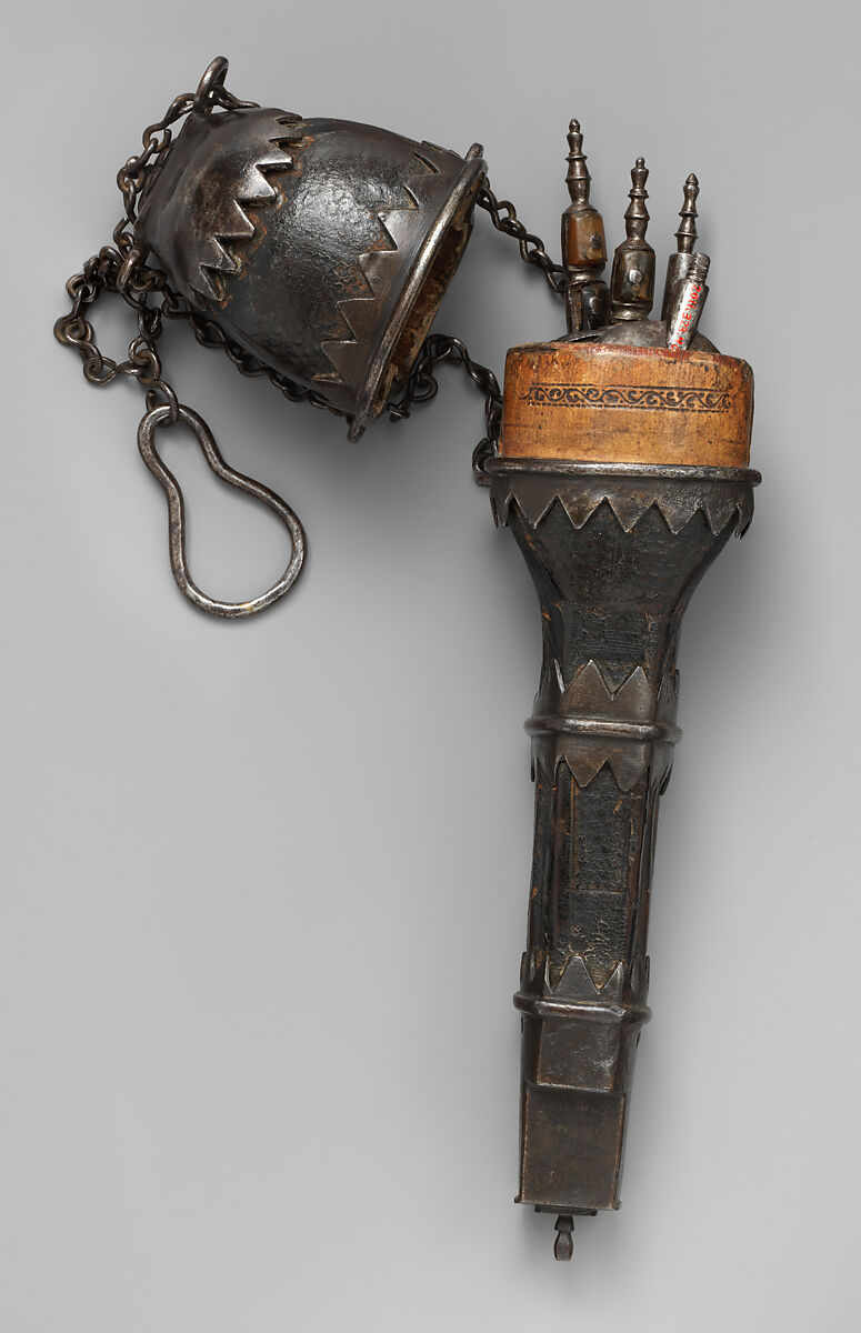 Knife, fork, spoon, and corkscrew in a case (Étui de couvert), Anonymous, Steel, iron, partly inlaid with horn; leather, probably French or Italian