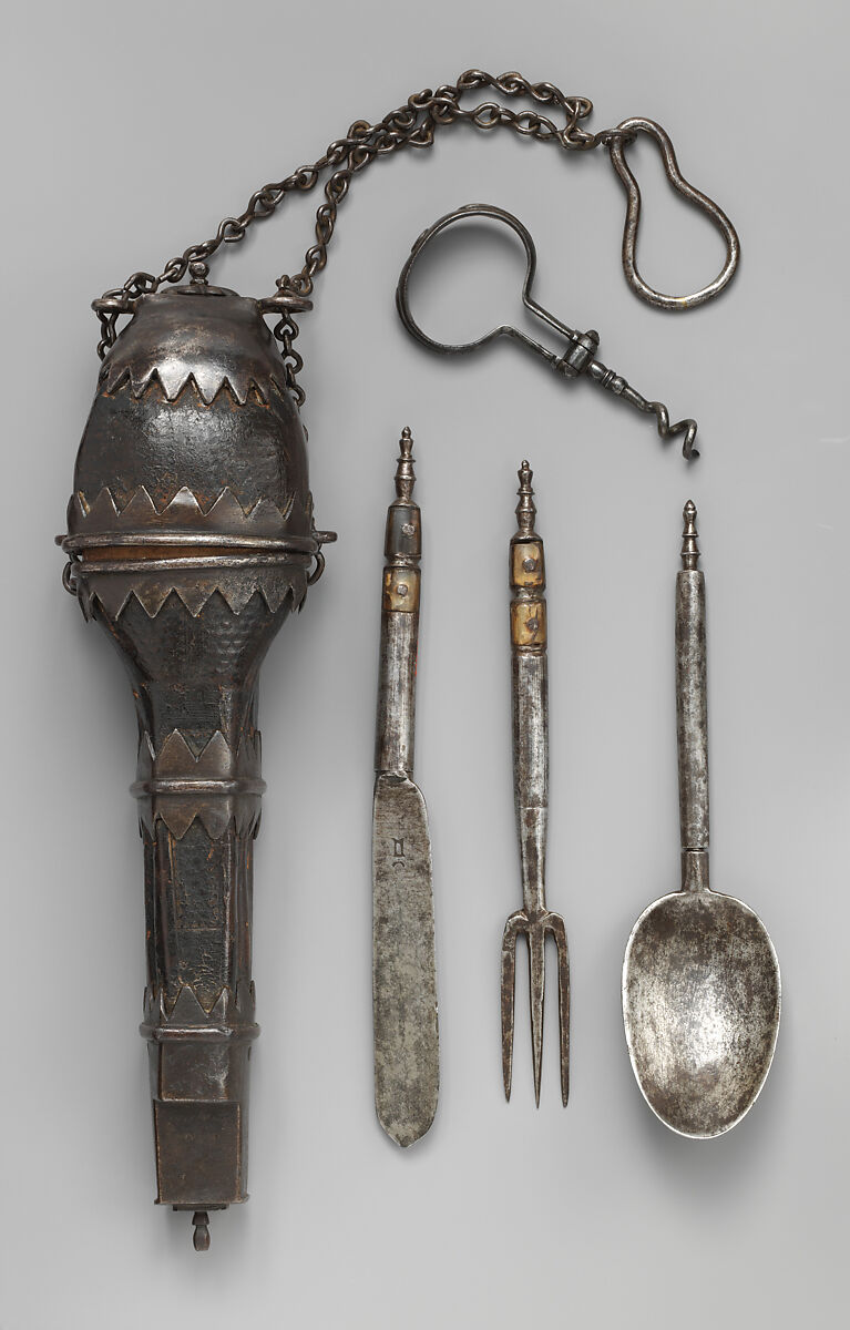 Knife, fork, spoon, and corkscrew in a case (Étui de couvert), Anonymous, Steel, iron, partly inlaid with horn; leather, probably French or Italian 