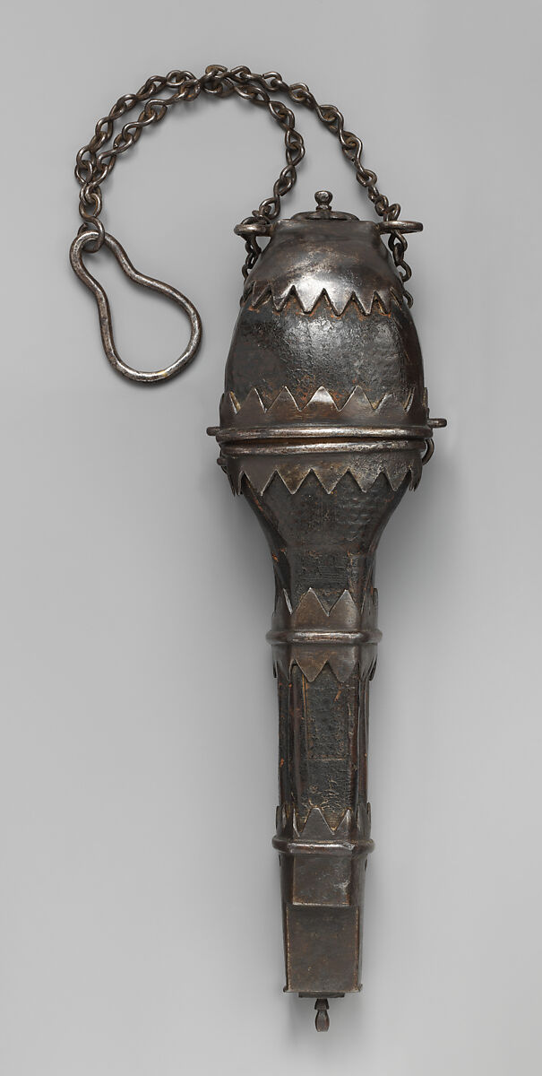 Knife, fork, spoon, and corkscrew in a case (Étui de couvert), Anonymous, Steel, iron, partly inlaid with horn; leather, probably French or Italian