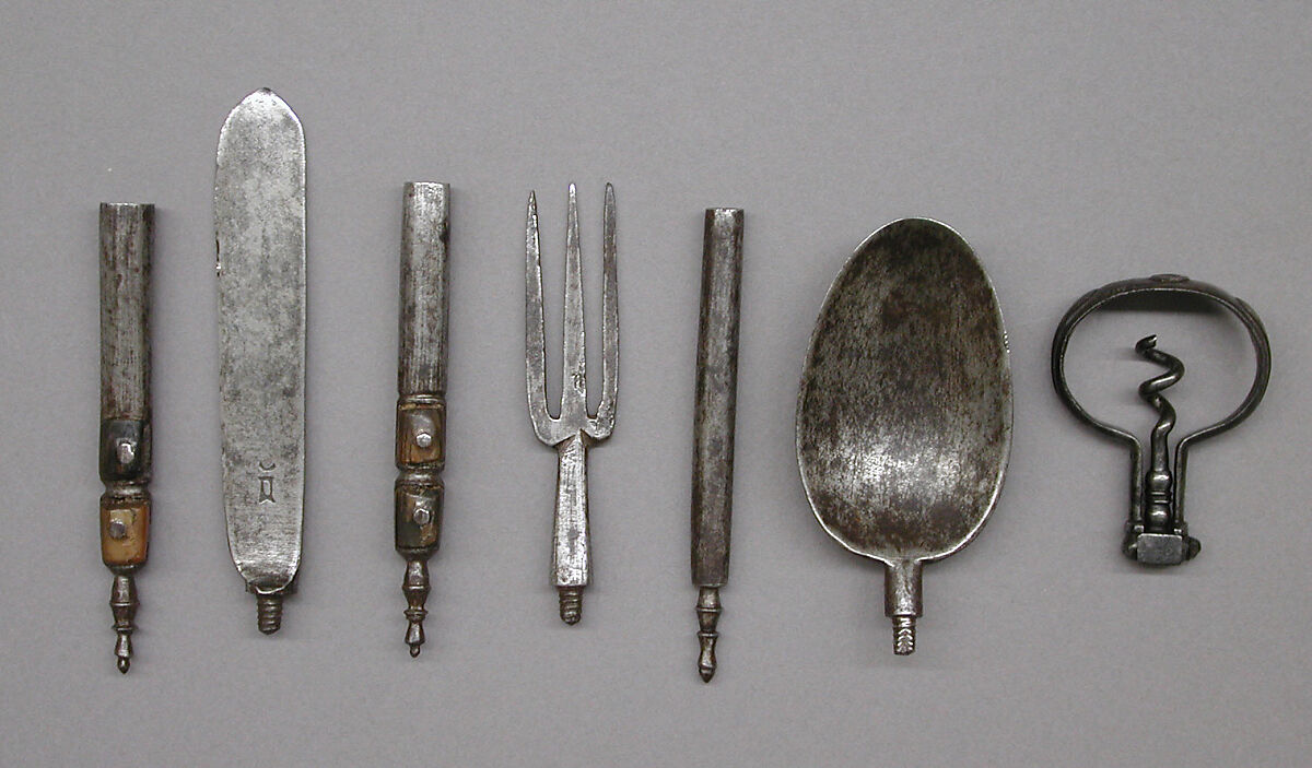 Knife, fork, spoon, and corkscrew in a case (Étui de couvert), Anonymous, Steel, iron, partly inlaid with horn; leather, probably French or Italian