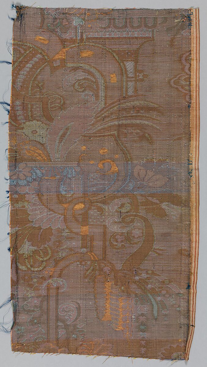 Fragment of woven silk, Silk and metal thread; satin foundation weave, probably Chinese