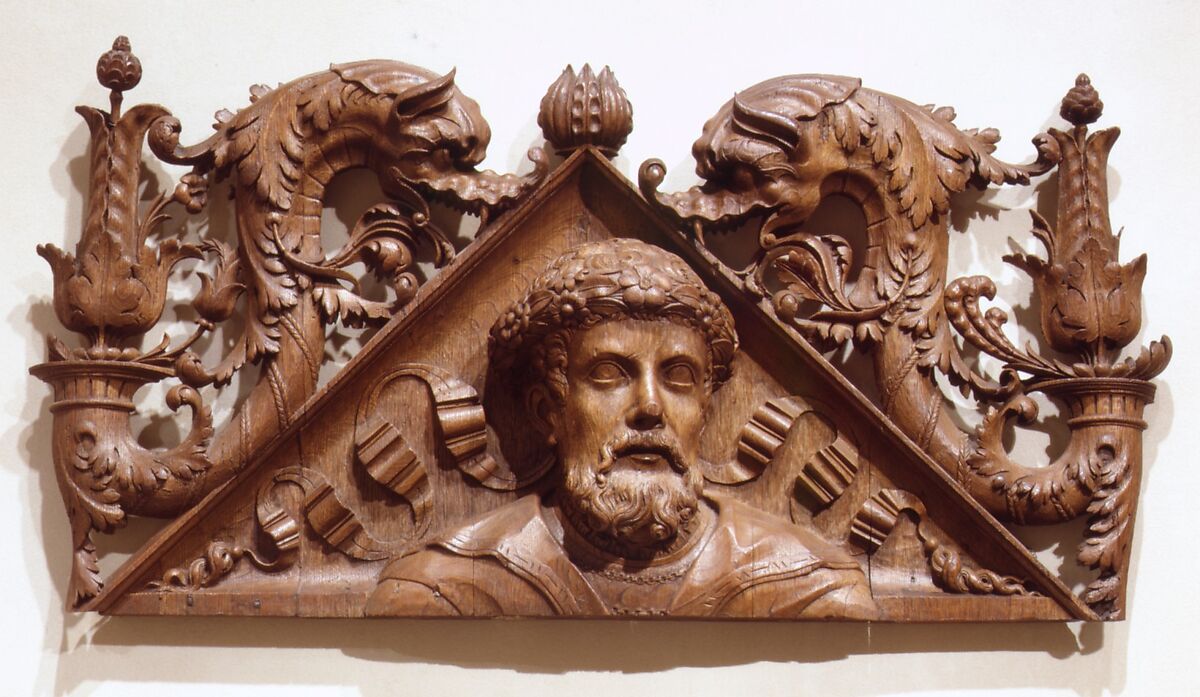 Pediment (one of a pair), Carved oak, French 