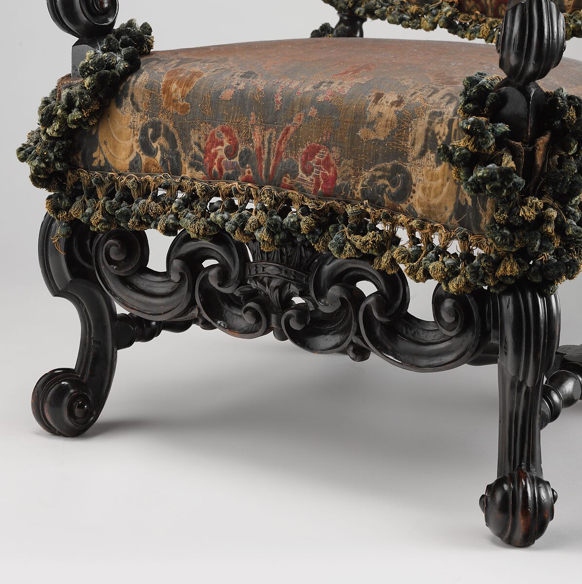 Upholstered armchair, originally from a set of eight, from Burley-on-the-Hill, Rutland (one of a pair), Attributed to Thomas Roberts (active 1685–1714), Ebonized beechwood, Genoese velvet covers original to the chair, British