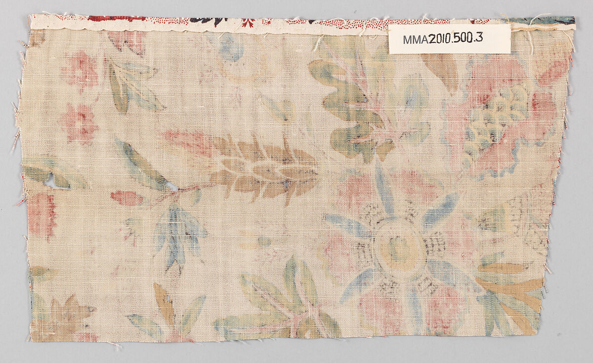 Fragment of printed cotton, Cotton, block printed, French