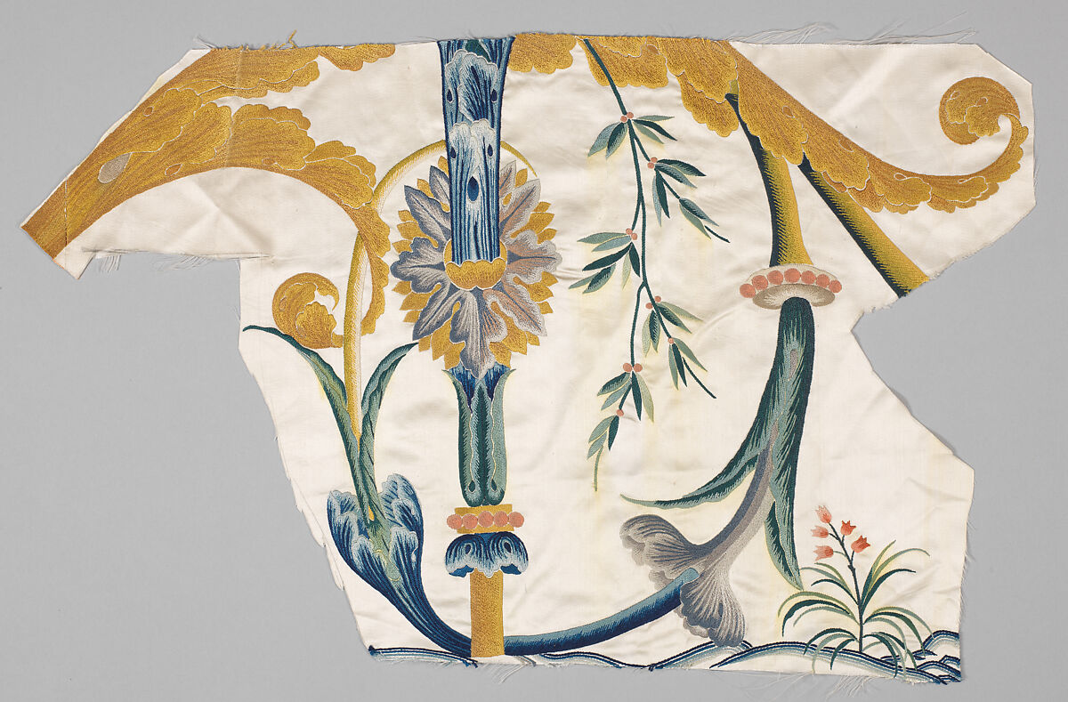 Fragments with European grotesque designs, Silk, embroidered satin weave, Chinese