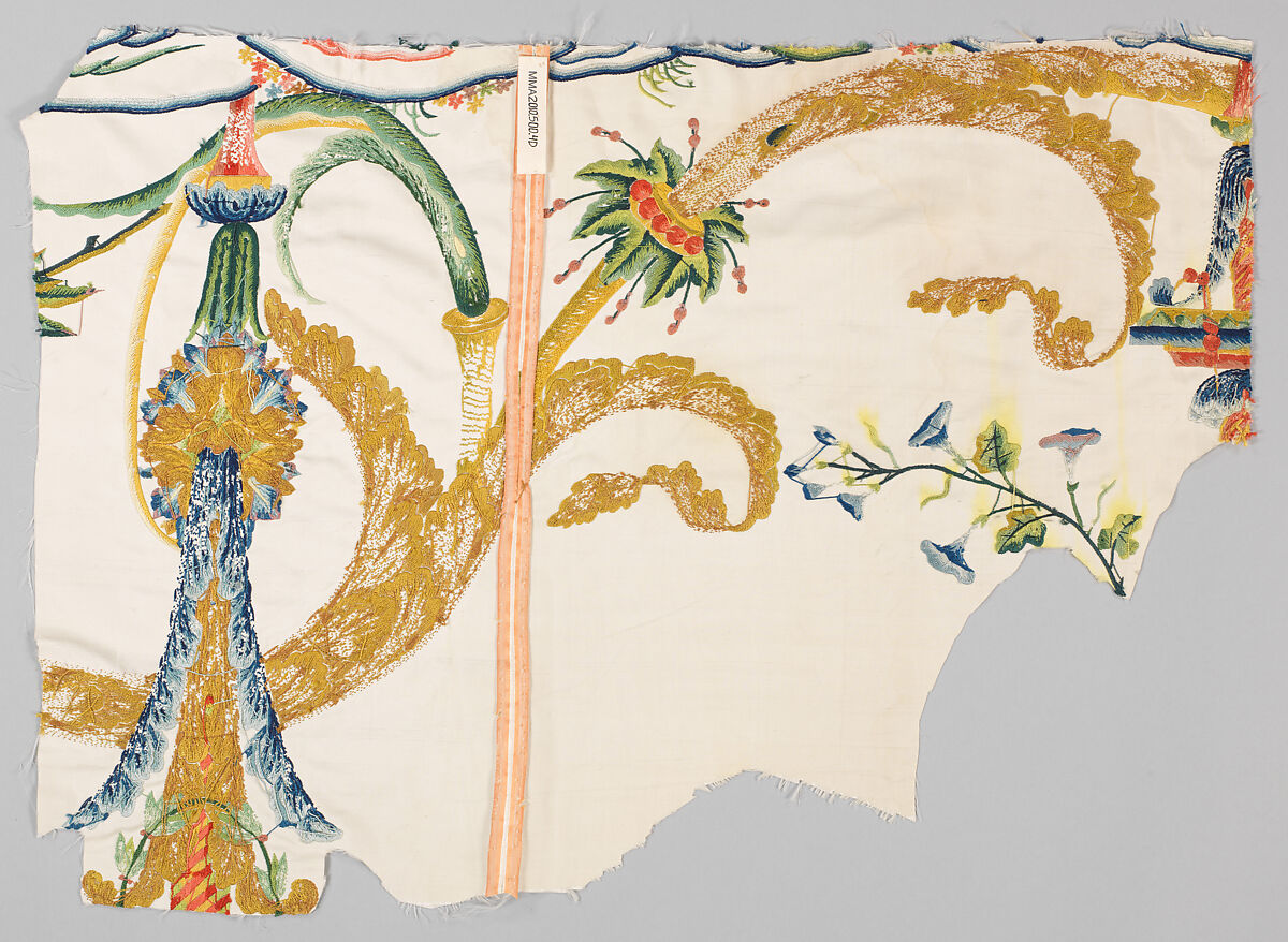 Fragments with European grotesque designs, Silk, embroidered satin weave, Chinese