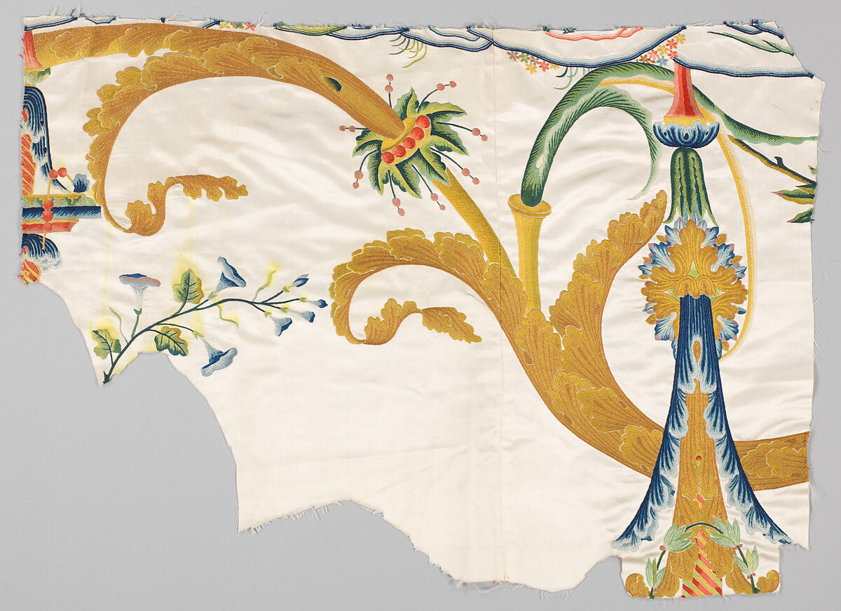 Fragments with European grotesque designs, Silk, embroidered satin weave, Chinese