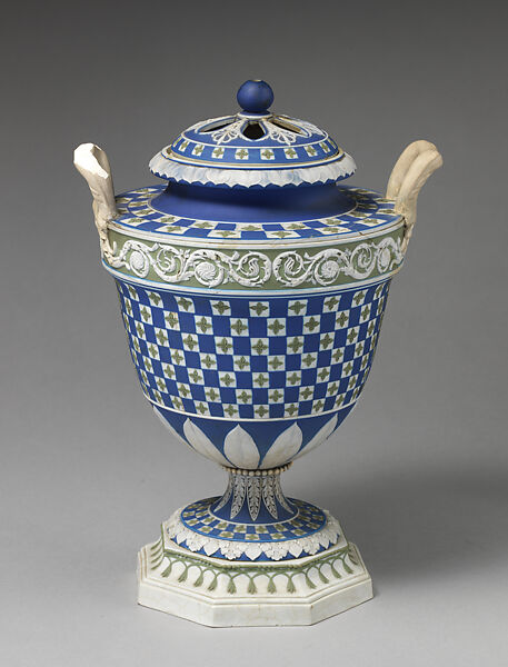 Urn with cover (one of a pair), William Hackwood (British, ca. 1753–1836), Jasperware, British, Etruria, Staffordshire