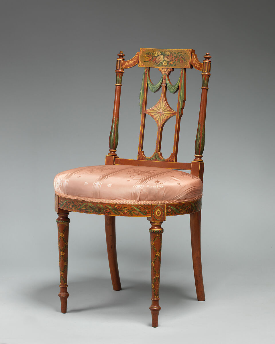 Side chair (one of a pair), West Indian satinwood, beech, birch, modern silk, British 