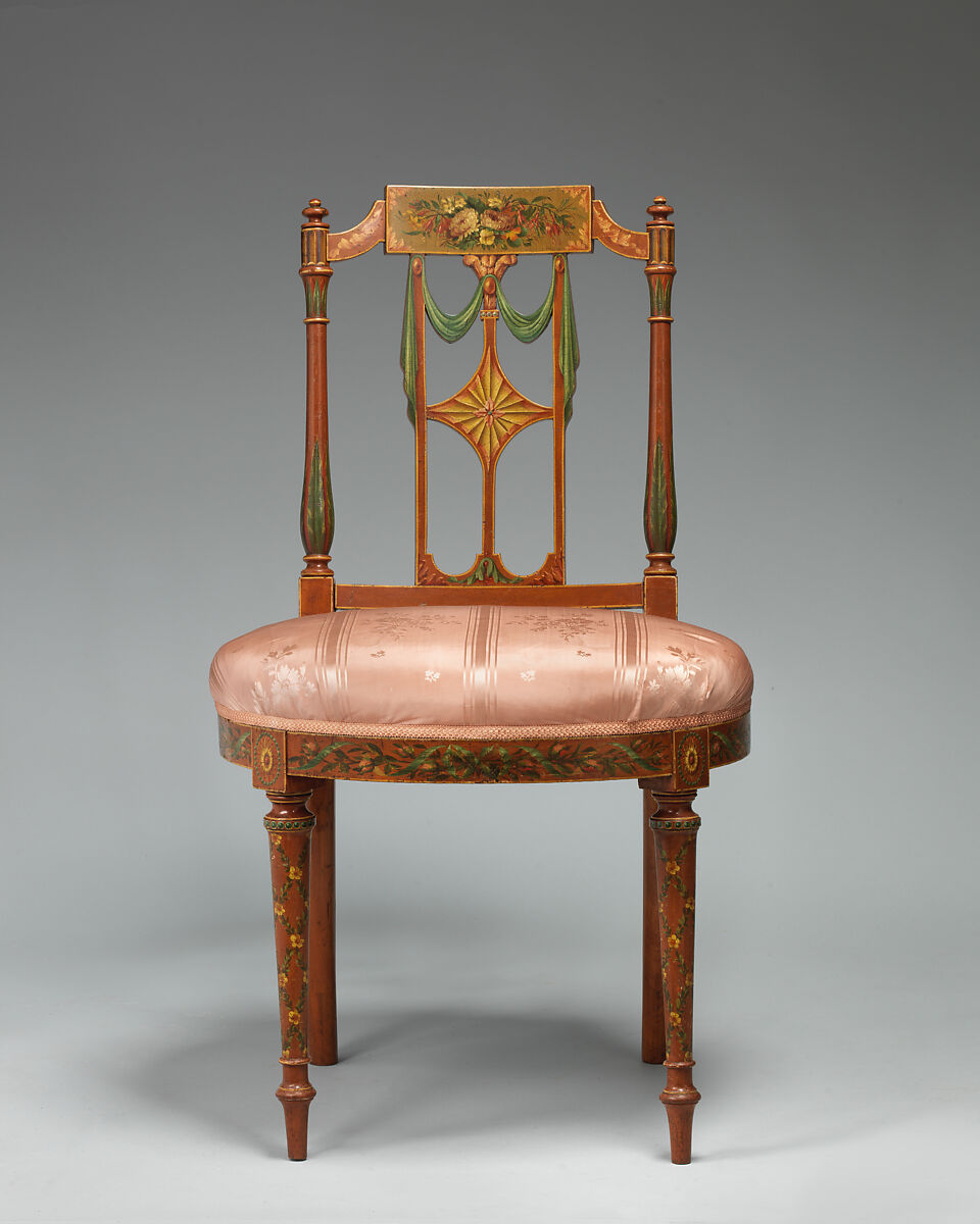 Side chair (one of a pair), West Indian satinwood, beech, birch, modern silk, British