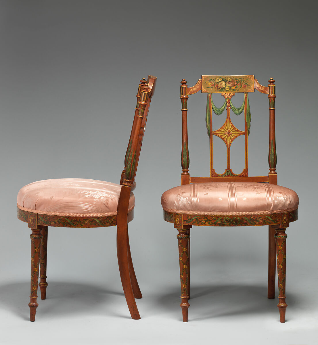 Side chair (one of a pair), West Indian satinwood, beech, birch, modern silk, British