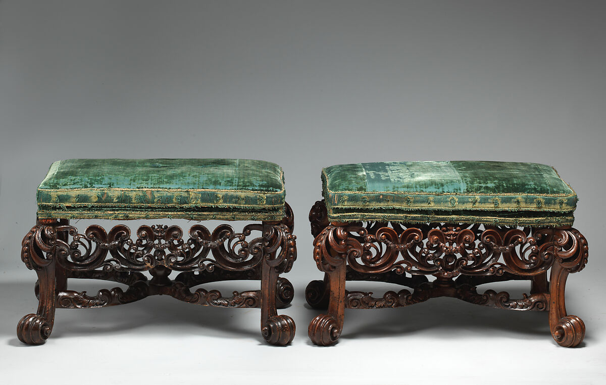 Stool (one of a pair), Walnut, velvet not original to the frame, British