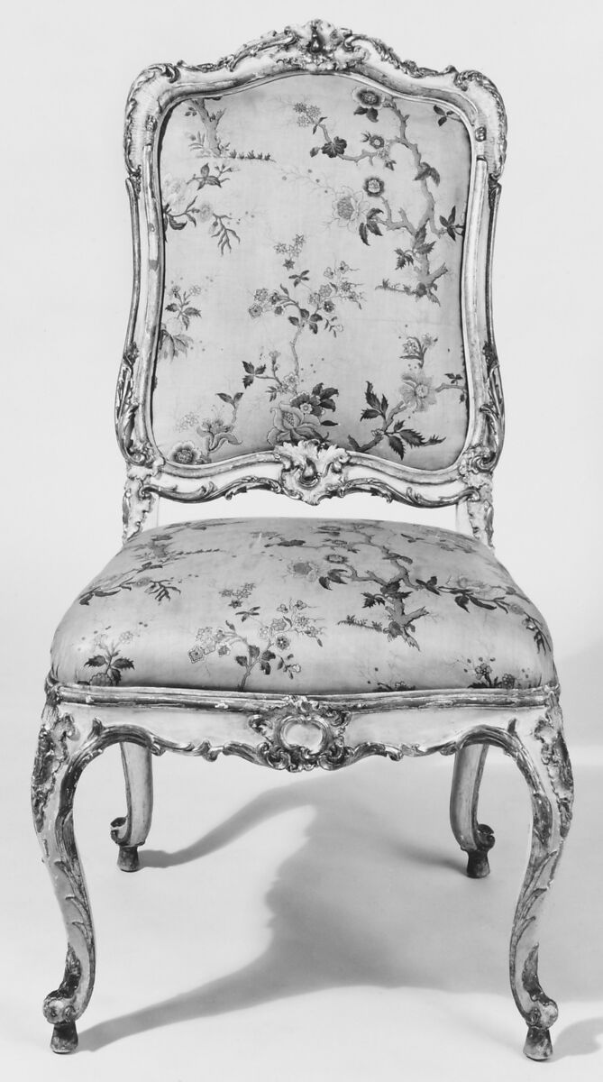 Side chair (set of four), Carved, painted, silvered, and gilded pine and beechwood, with printed cotton (not original), Southern German 