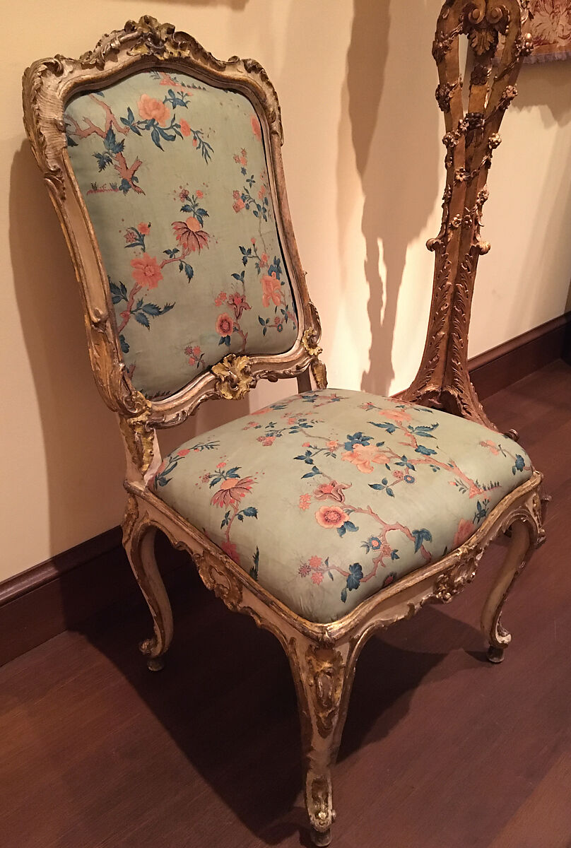 Side chair (set of four), Carved, painted, silvered, and gilded pine and beechwood, with printed cotton (not original), Southern German 