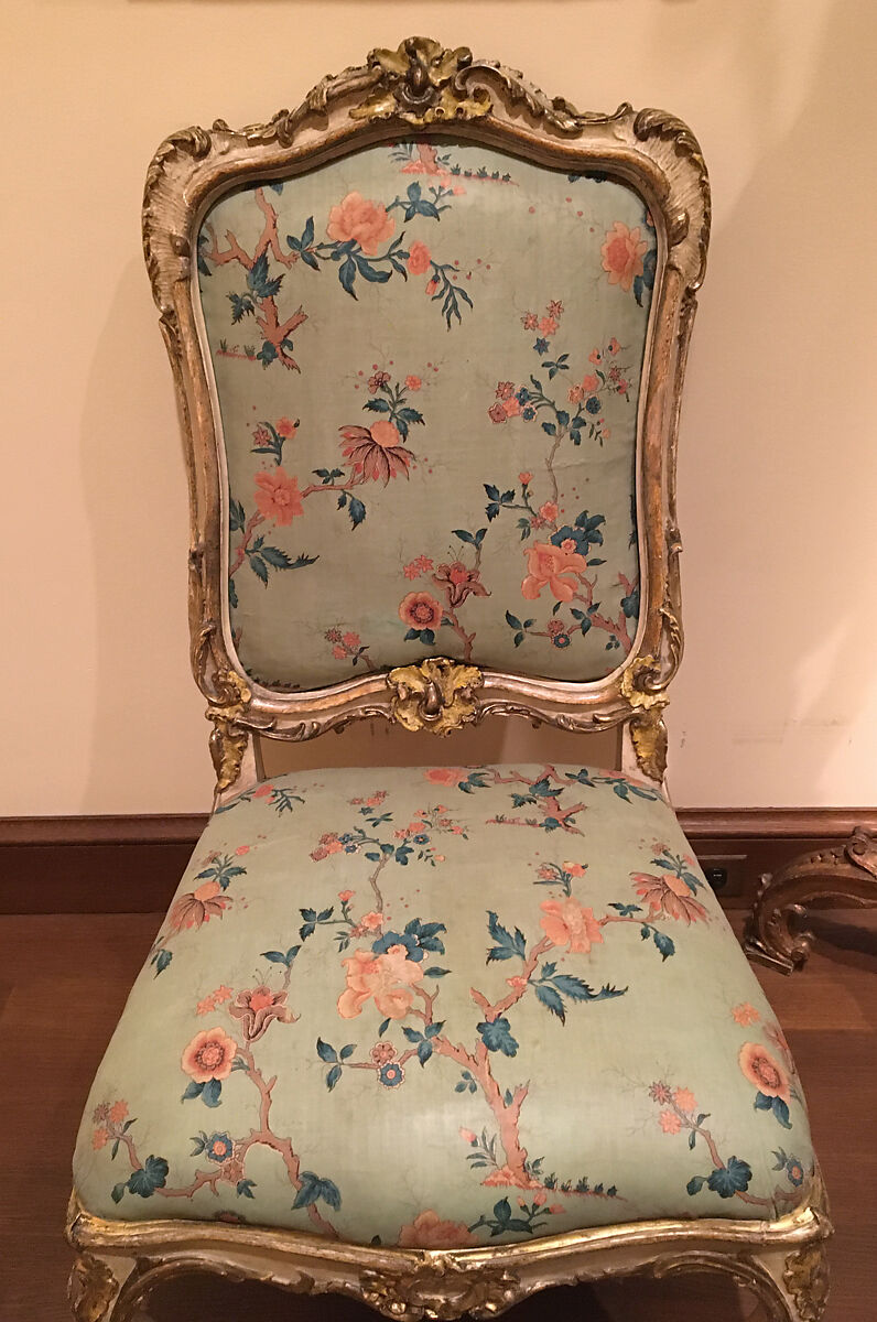 Side chair (set of four), Carved, painted, silvered, and gilded pine and beechwood, with printed cotton (not original), Southern German