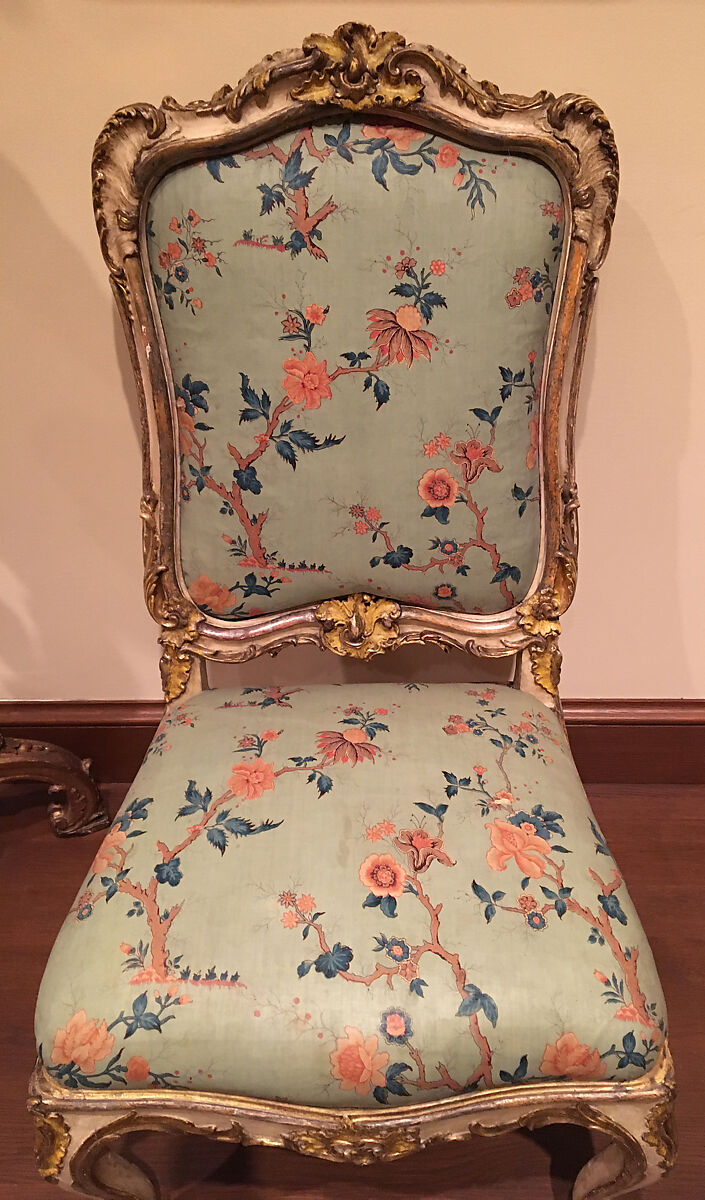 Side chair (set of four), Carved, painted, silvered, and gilded pine and beechwood, with printed cotton (not original), Southern German