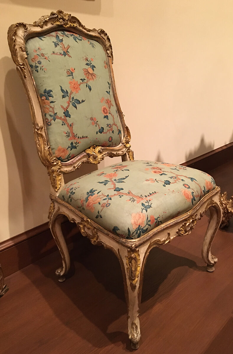 Side chair (set of four), Carved, painted, silvered, and gilded pine and beechwood, with printed cotton (not original), Southern German 