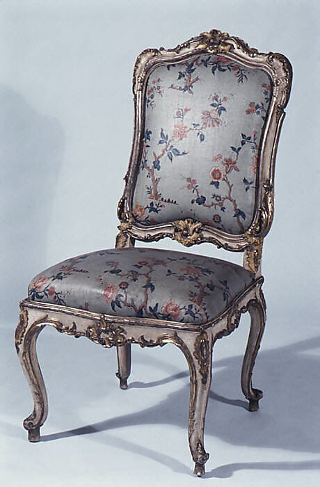 Side chair (set of four), Carved, painted, silvered, and gilded pine and beechwood, with printed cotton (not original), Southern German