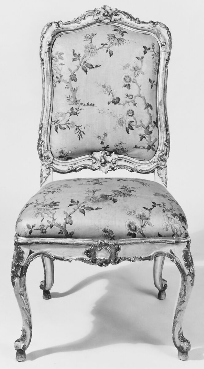 Side chair (set of four), Carved, painted, silvered, and gilded pine and beechwood, with printed cotton (not original), Southern German 