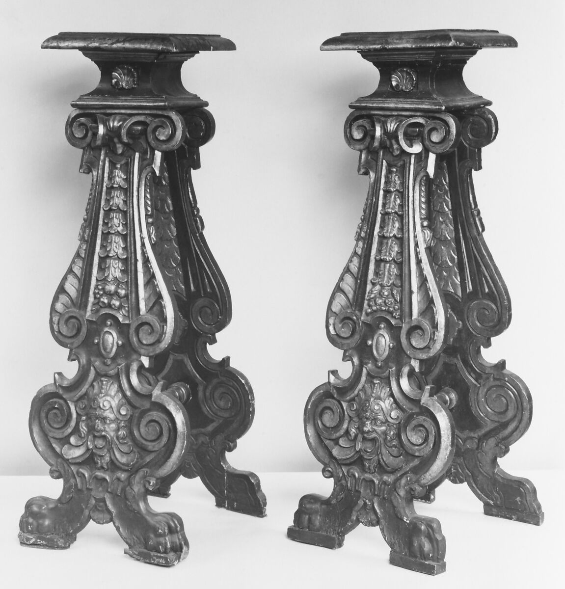 Pedestal (one of a pair), Walnut, parcel-gilt, Italian