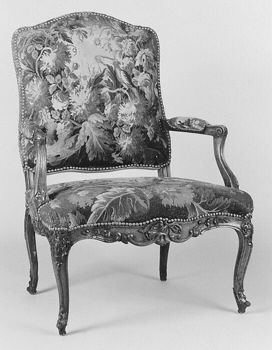 Armchair (one of a set of four), Tapestry woven at Aubusson (Manufacture Royale, est. 1665: Manufacture, ca. 1812–present day), Carved walnut, covered in Aubusson tapestry, French 
