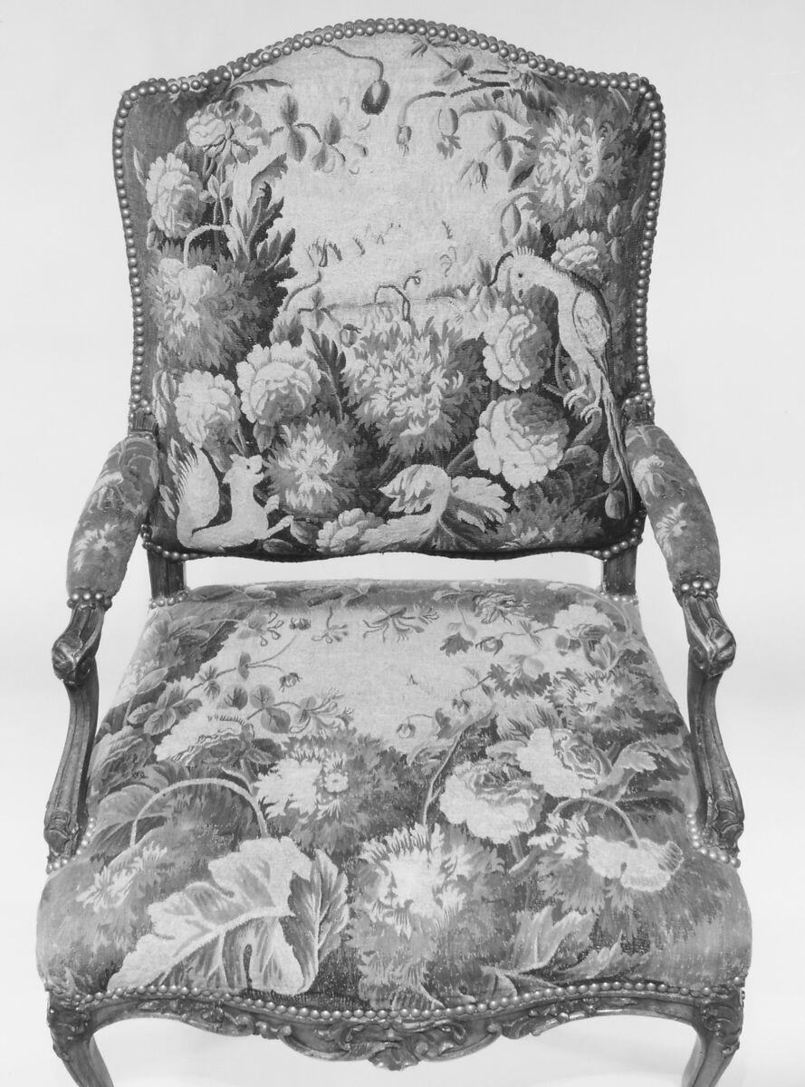 Armchair (one of a set of four), Tapestry woven at Aubusson (Manufacture Royale, est. 1665: Manufacture, ca. 1812–present day), Carved walnut, covered in Aubusson tapestry, French