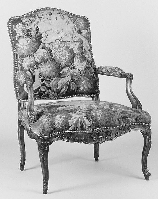 Armchair (one of a set of four), Tapestry woven at Aubusson (Manufacture Royale, est. 1665: Manufacture, ca. 1812–present day), Carved walnut, covered in Aubusson tapestry, French 