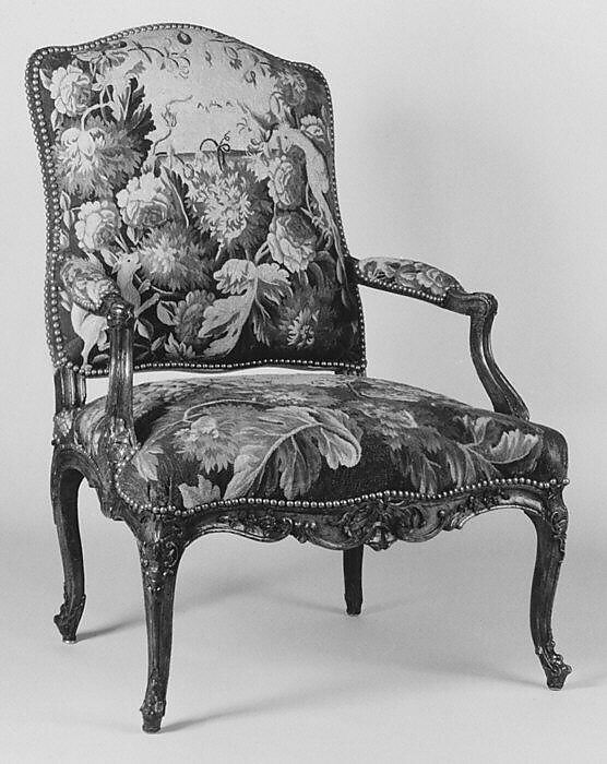 Armchair (one of a set of four), Tapestry woven at: Aubusson (Manufacture Royale, est. 1665: Manufacture, ca. 1812–present day), Carved walnut, covered in Aubusson tapestry, French 