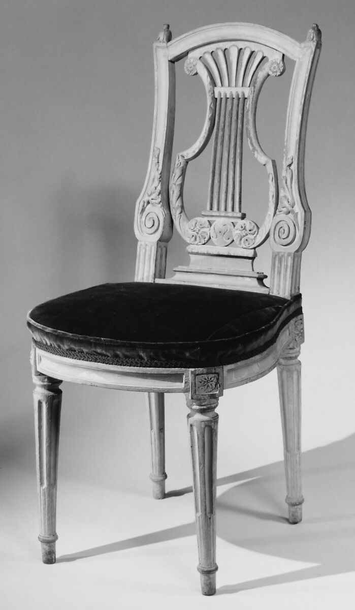 Side chair (one of a pair), Walnut, painted grey; velvet upholstery, French