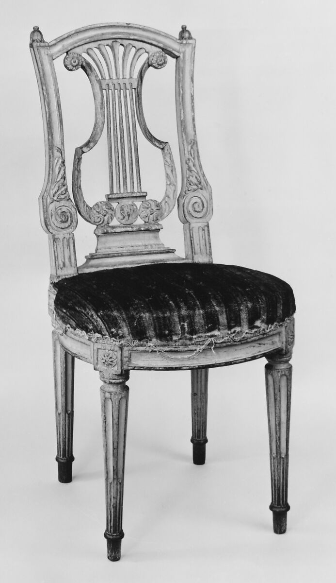 Side chair (one of a pair), Walnut, painted grey; velvet upholstery, French