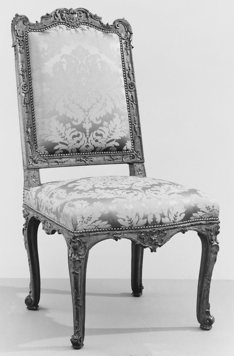 Side chair (part of a set), Carved beech with crimson damask, French 