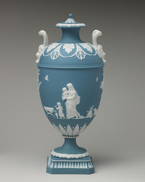 Vase with cover (one of a pair), Decoration after designs by John Flaxman (British, York 1755–1826 London), Jasperware, British, Etruria, Staffordshire 