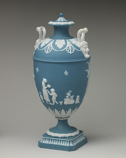 Vase with cover (one of a pair), Decoration after designs by John Flaxman (British, York 1755–1826 London), Jasperware, British, Etruria, Staffordshire