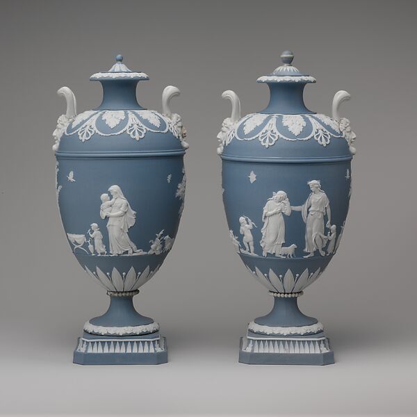 Vase with cover (one of a pair), Decoration after designs by John Flaxman (British, York 1755–1826 London), Jasperware, British, Etruria, Staffordshire