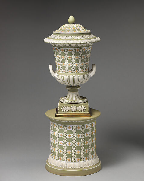 Urn with cover and pedestal (one of a pair), Josiah Wedgwood and Sons (British, Etruria, Staffordshire, 1759–present), Jasperware, British, Etruria, Staffordshire 